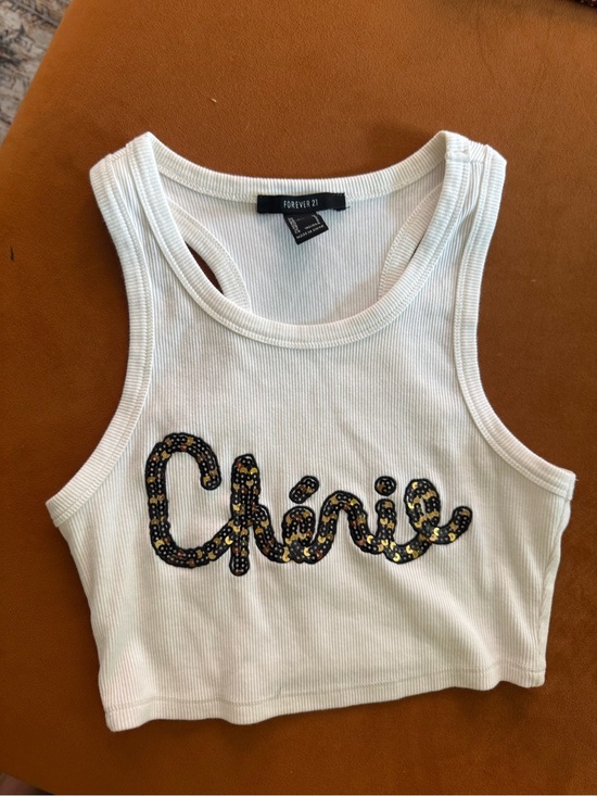 Forever 21 Tops - Forever 21 White Cropped Tank Top with Sequined 'Chérie’ Script Small NWOT